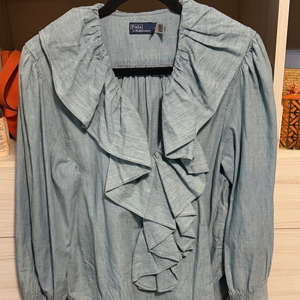 Polo by Ralph Lauren Chambray Ruffle Front Top in Light Blue